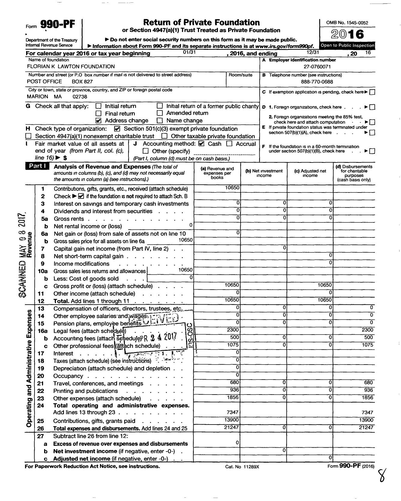 Image of first page of 2016 Form 990PF for Florian K Lawton Foundation