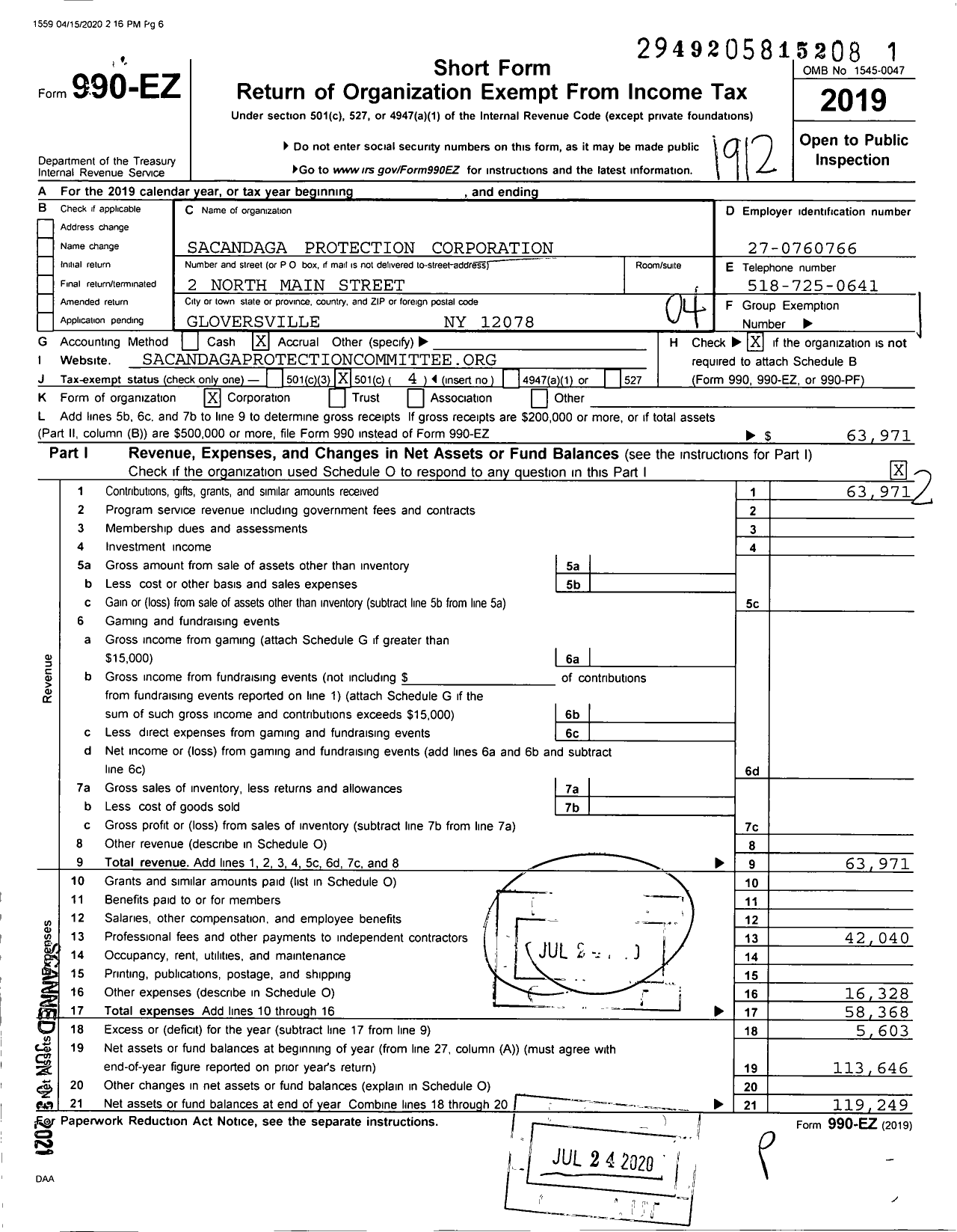 Image of first page of 2019 Form 990EO for Sacandaga Protection Corporation