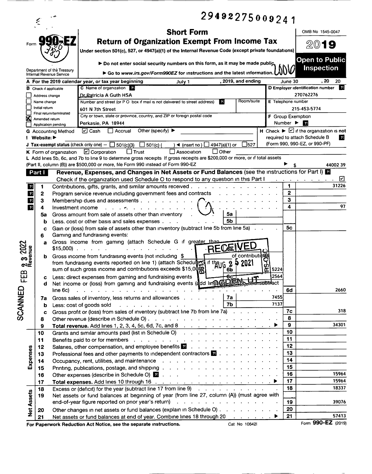 Image of first page of 2019 Form 990EZ for Dr Patricia A Guth Elementary Home and School Association