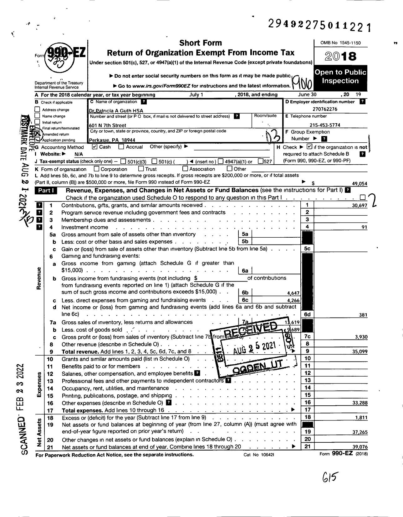 Image of first page of 2018 Form 990EZ for Dr Patricia A Guth Elementary Home and School Association