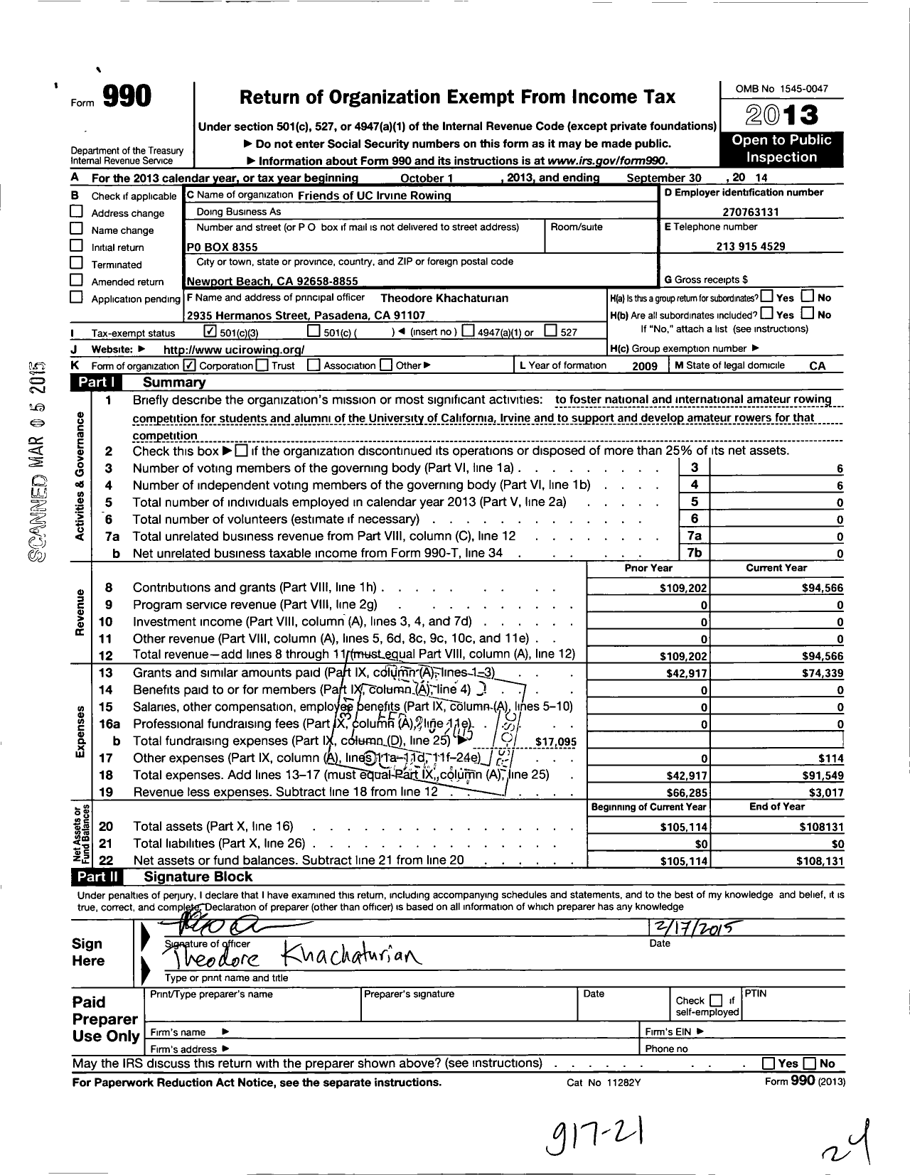 Image of first page of 2013 Form 990 for Friends of Uc Irvine Rowing