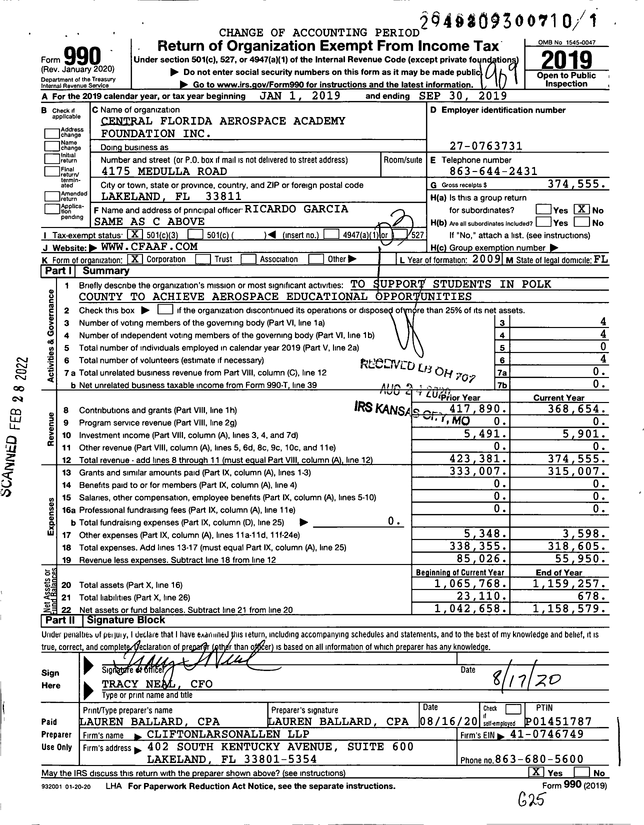 Image of first page of 2018 Form 990 for Central Florida Aerospace Academy Foundation