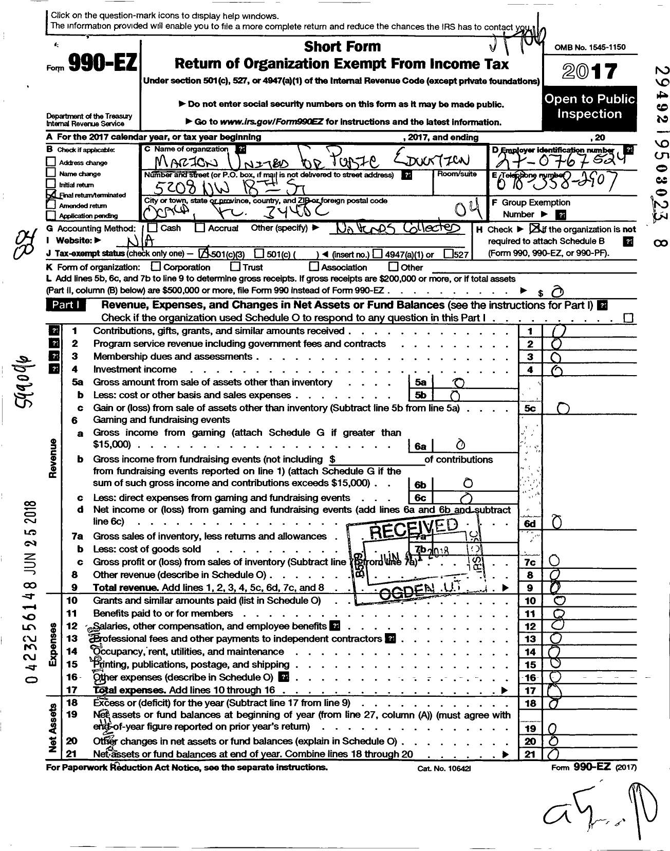 Image of first page of 2016 Form 990EO for Marions United for Public Education
