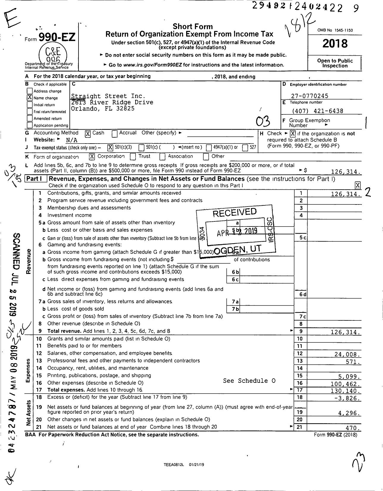 Image of first page of 2018 Form 990EZ for Straight Street