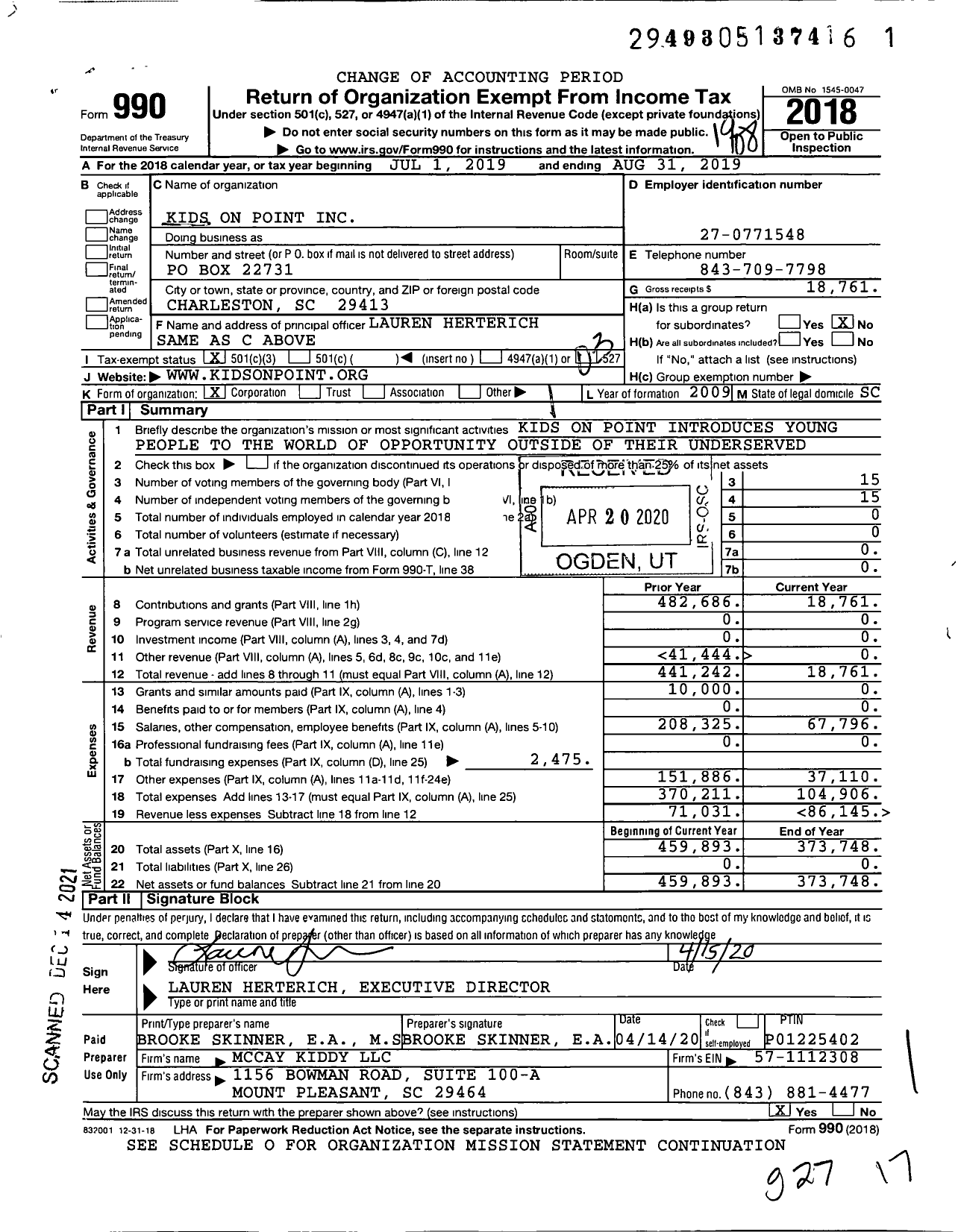 Image of first page of 2018 Form 990 for Kids on Point