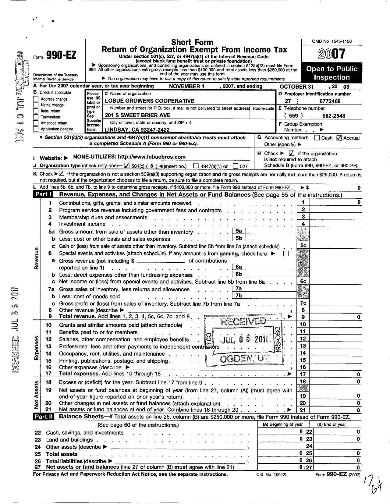 Image of first page of 2007 Form 990EO for Lobue Growers Cooperative