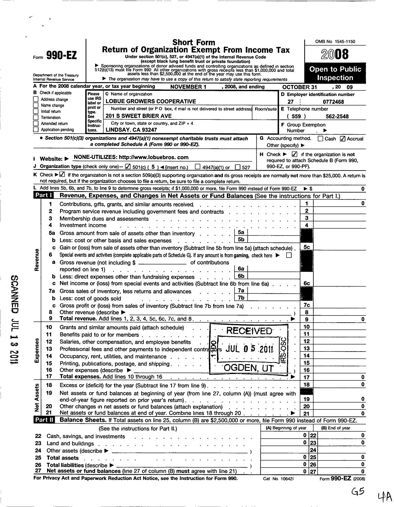 Image of first page of 2008 Form 990EO for Lobue Growers Cooperative