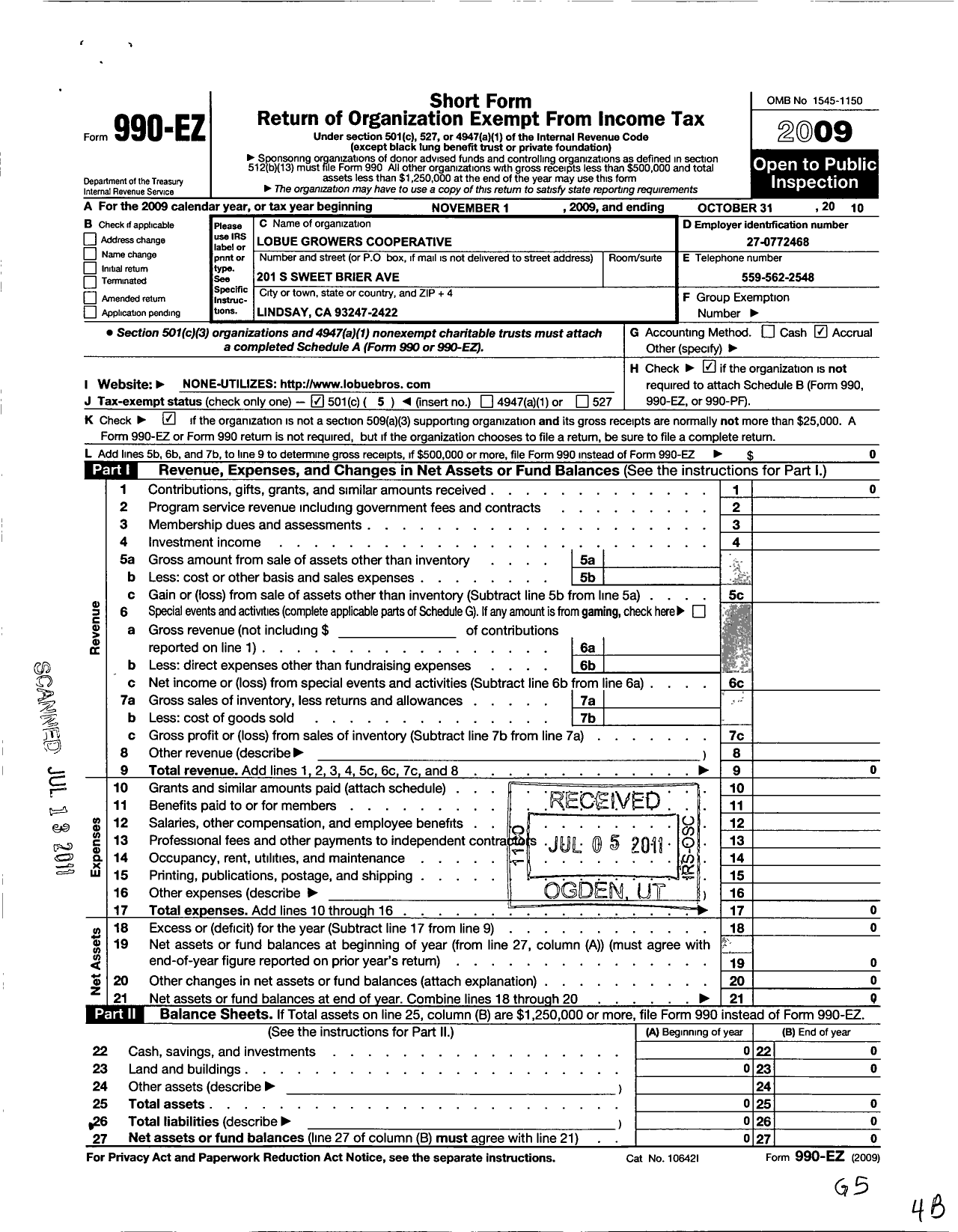 Image of first page of 2009 Form 990EO for Lobue Growers Cooperative