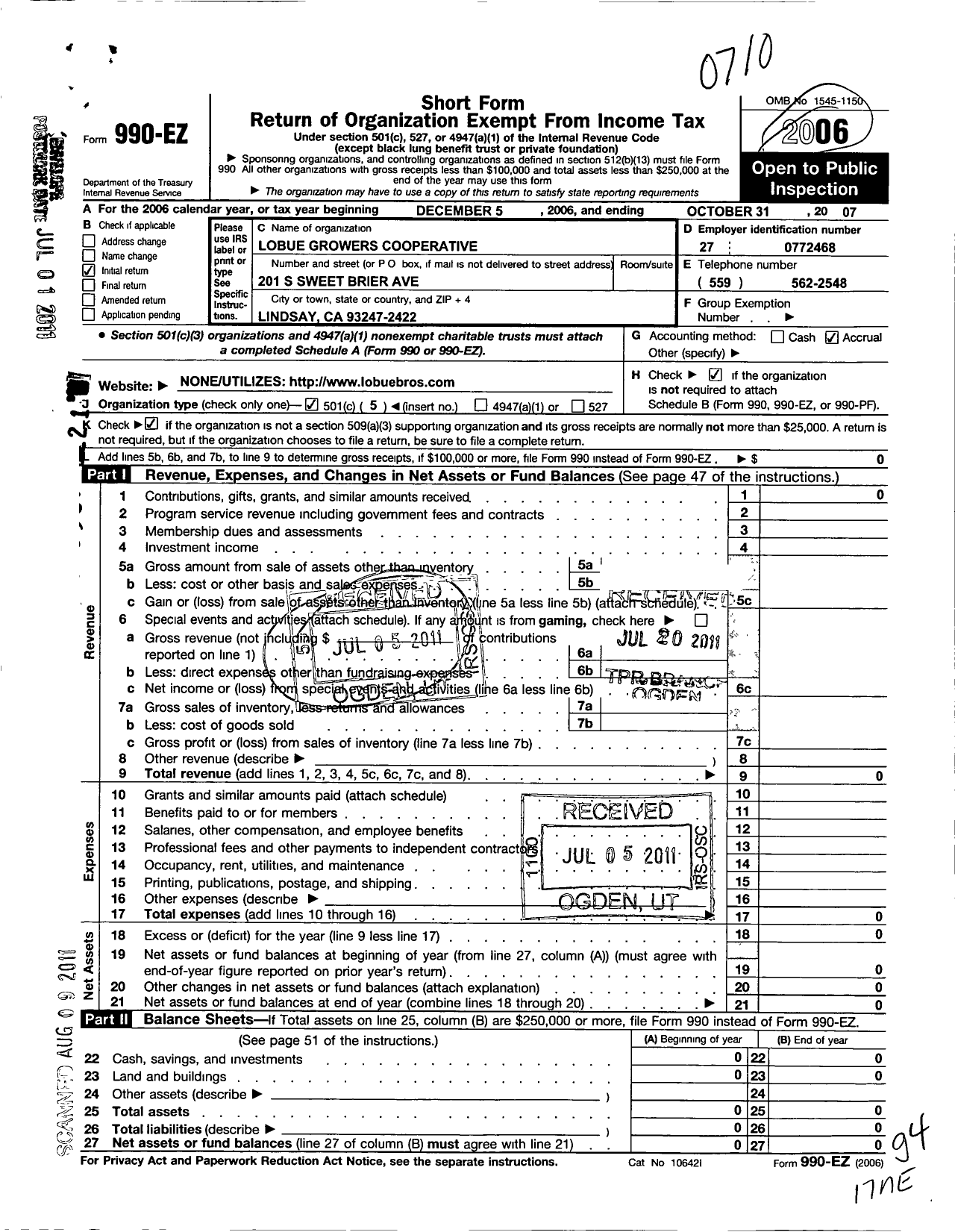 Image of first page of 2006 Form 990EO for Lobue Growers Cooperative