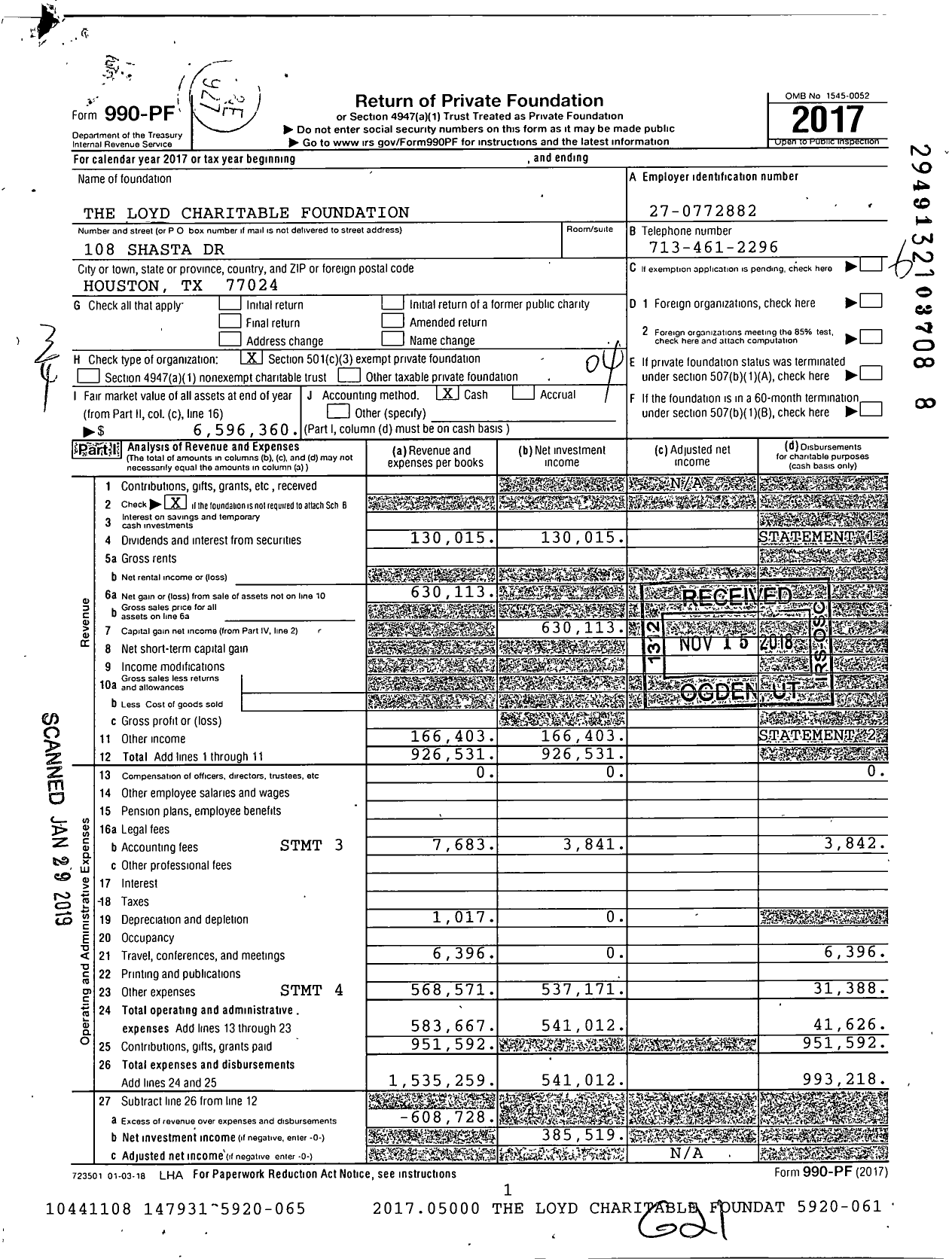 Image of first page of 2017 Form 990PF for The Loyd Charitable Foundation