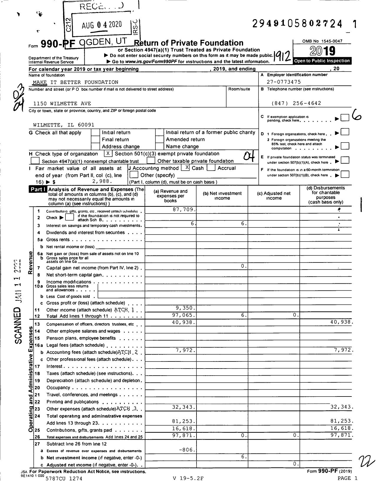 Image of first page of 2019 Form 990PF for Make It Better Foundation