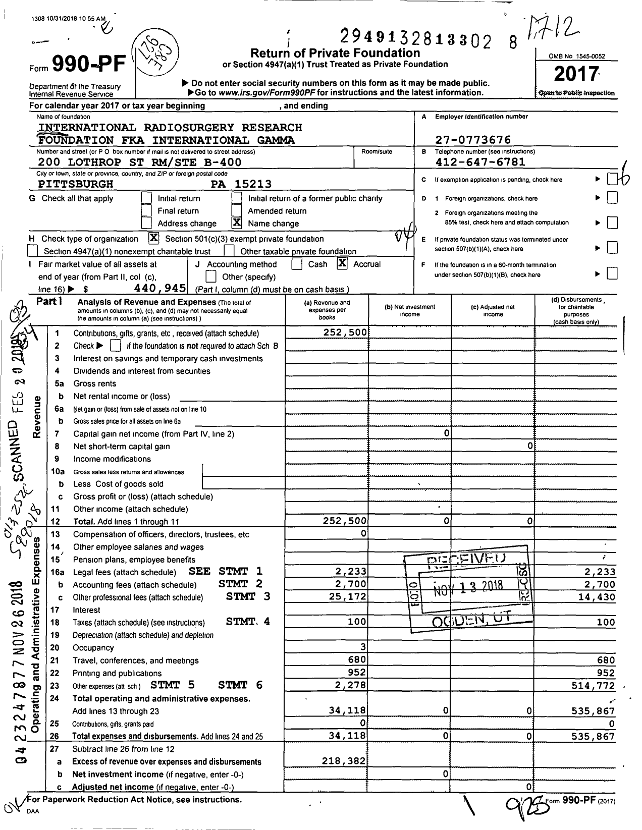 Image of first page of 2017 Form 990PF for International Radiosurgery Research Foundation