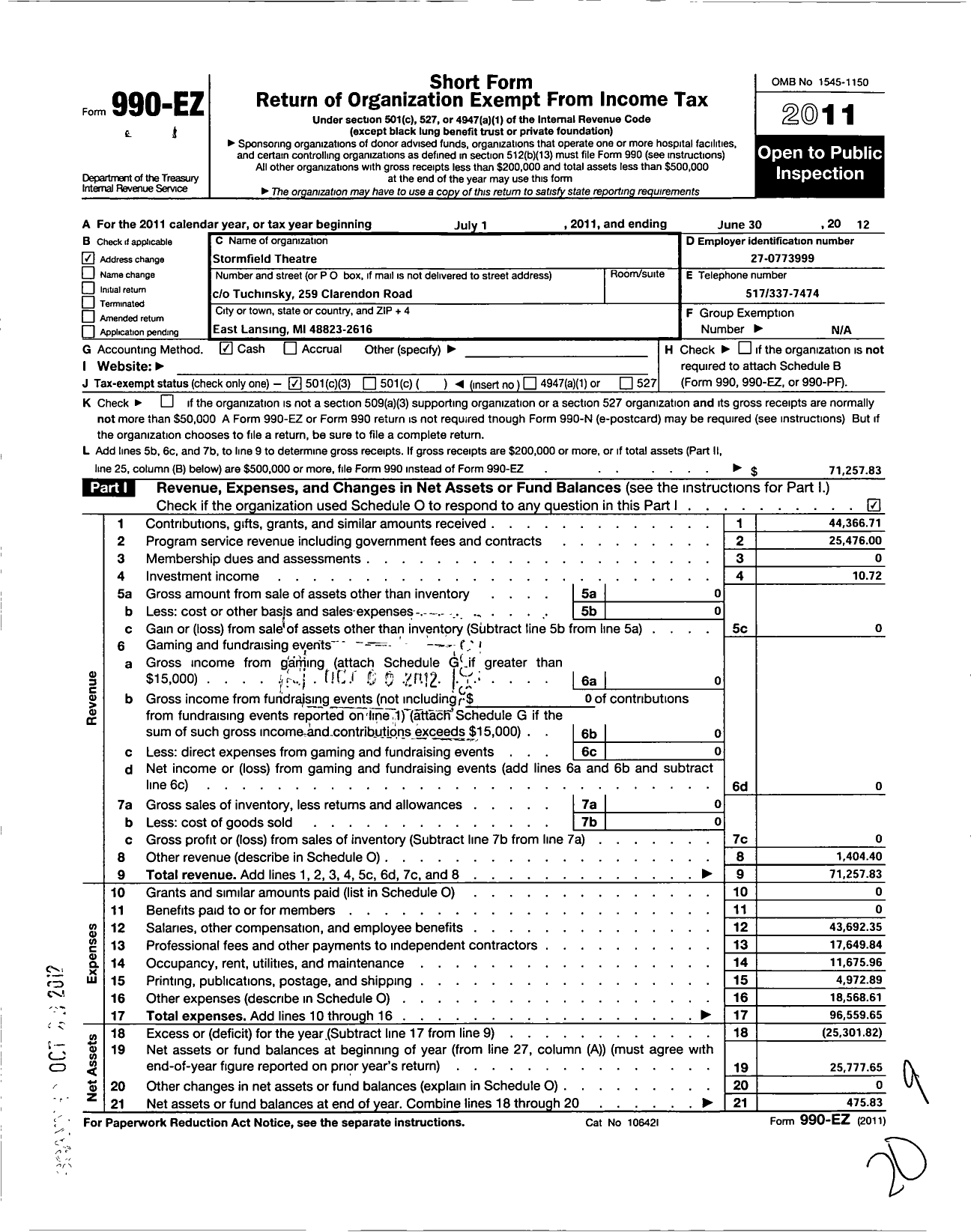 Image of first page of 2011 Form 990EZ for Renegade Theatre Festival