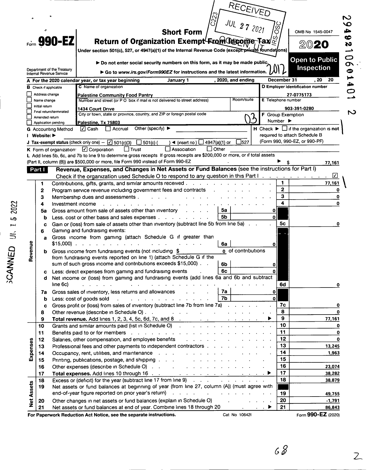 Image of first page of 2020 Form 990EZ for Palestine Community Food Pantry