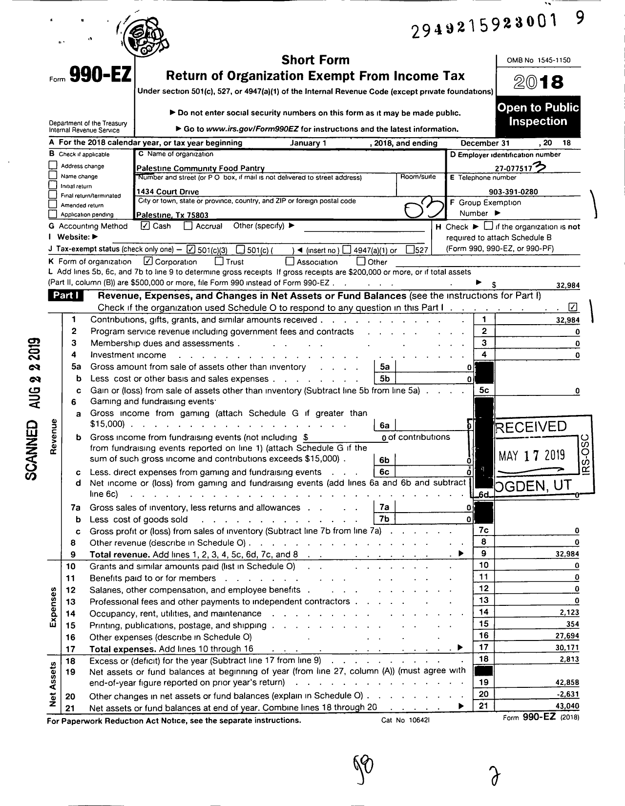 Image of first page of 2018 Form 990EZ for Palestine Community Food Pantry