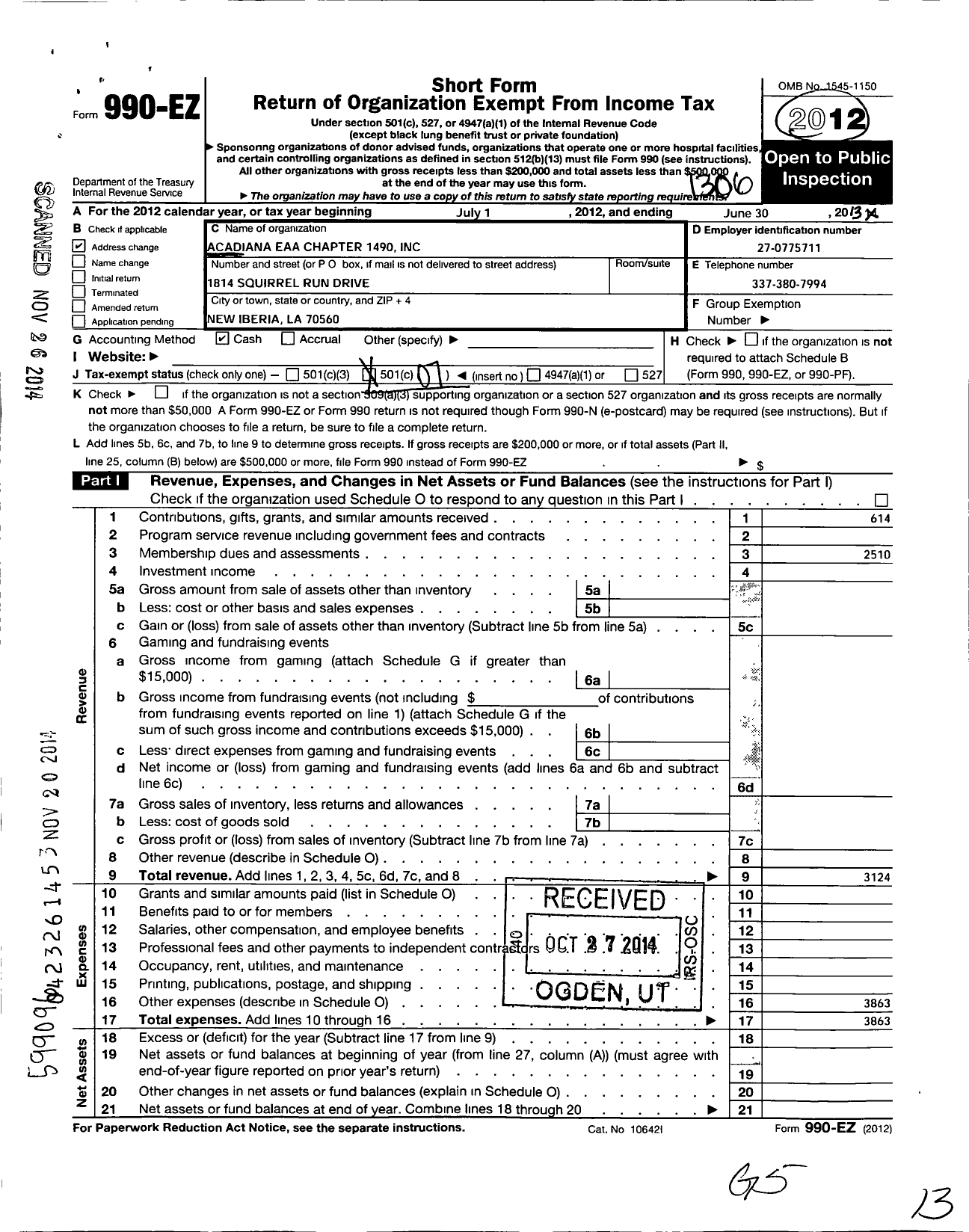 Image of first page of 2012 Form 990EO for Acadiana Eaa Chapter 1490