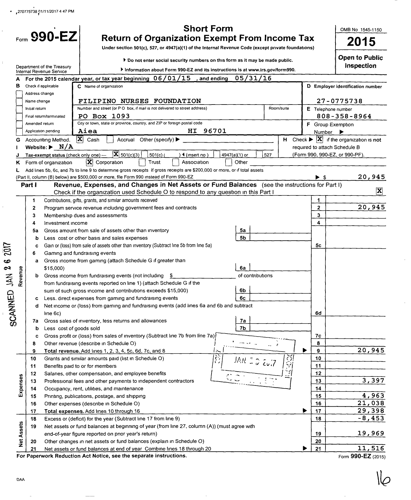 Image of first page of 2015 Form 990EZ for Filipino Nurses Foundation