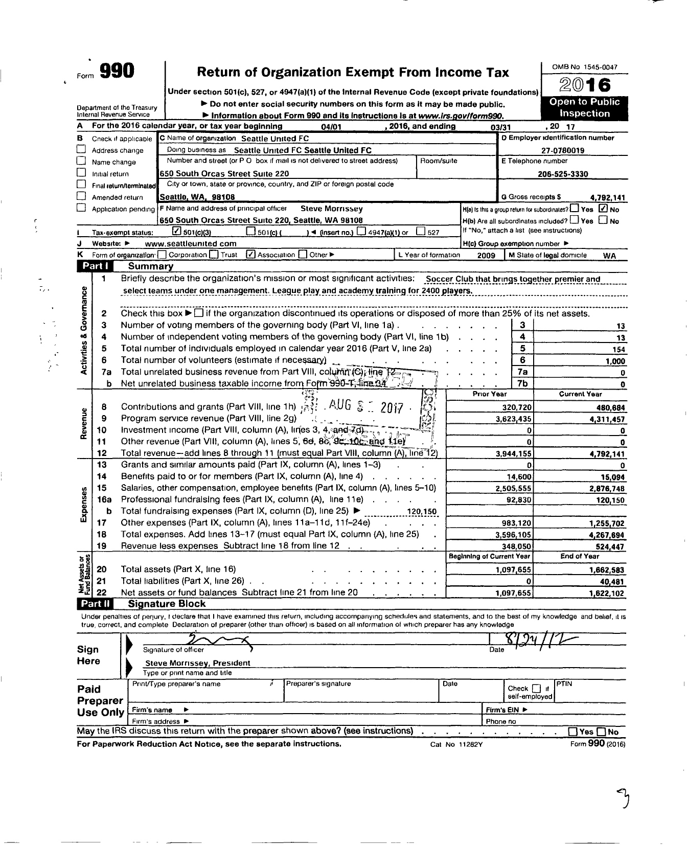 Image of first page of 2016 Form 990 for Seattle United FC