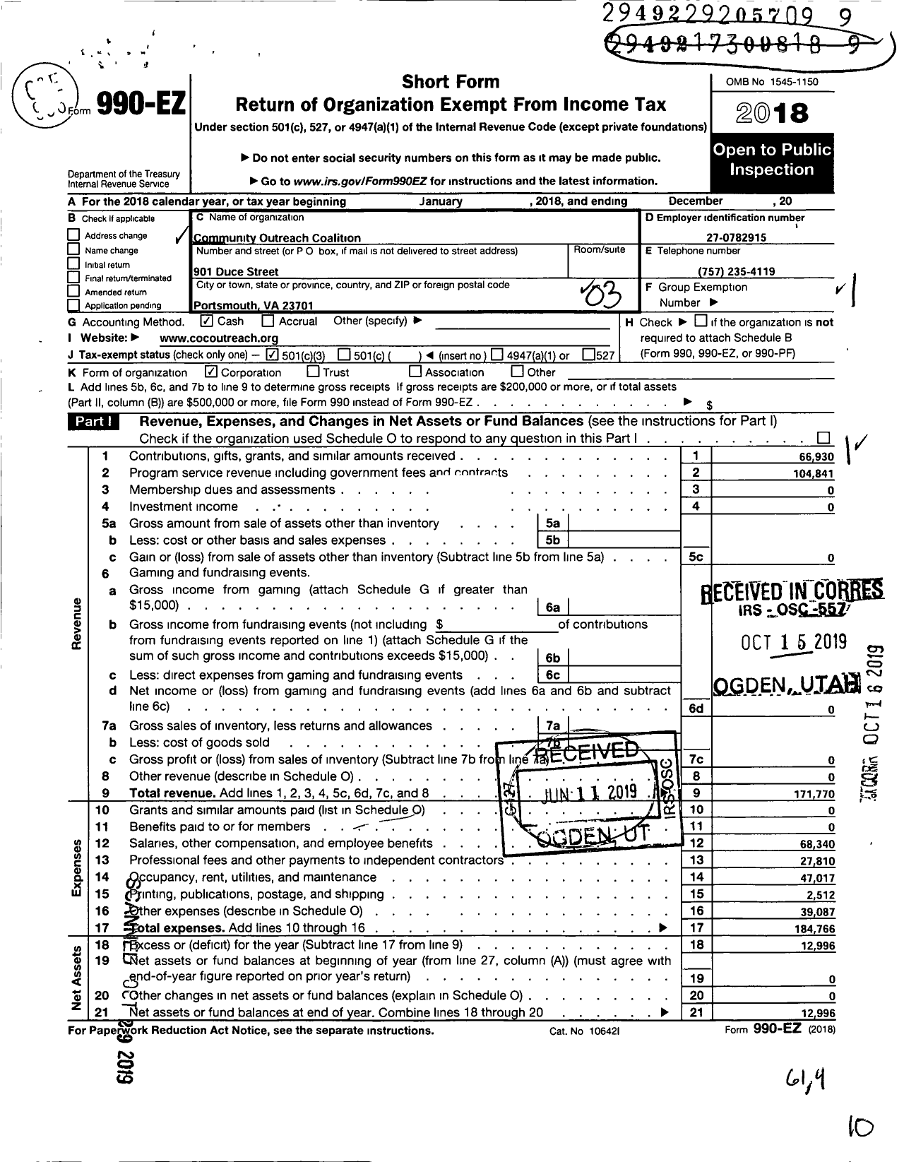 Image of first page of 2018 Form 990EZ for Community Outreach Coalition