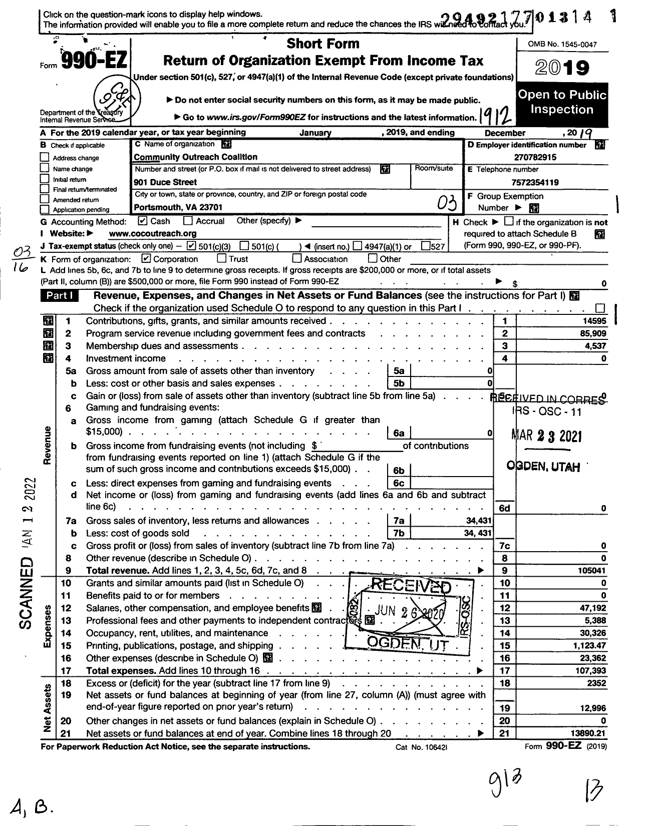 Image of first page of 2019 Form 990EZ for Community Outreach Coalition