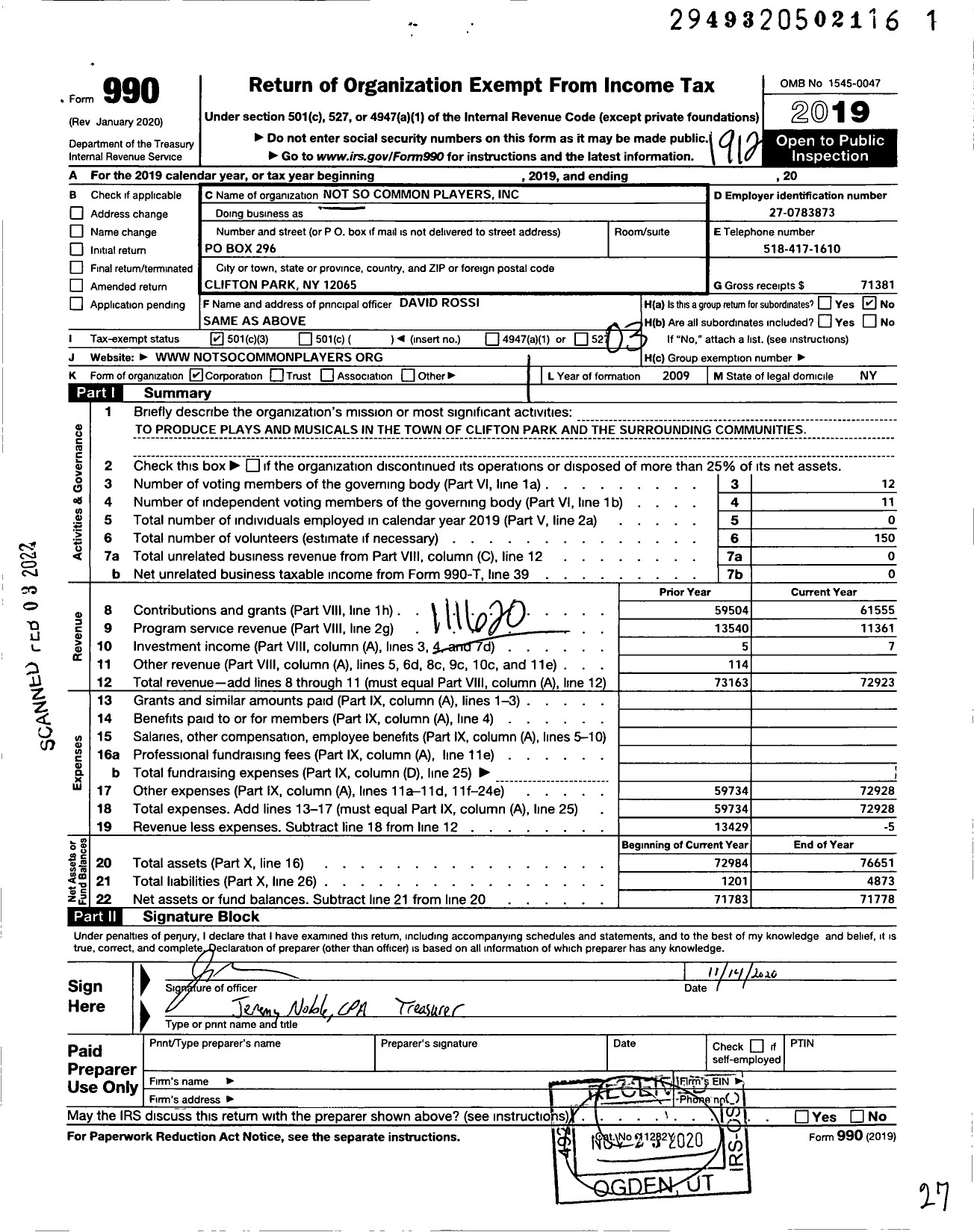 Image of first page of 2019 Form 990 for Not So Common Players