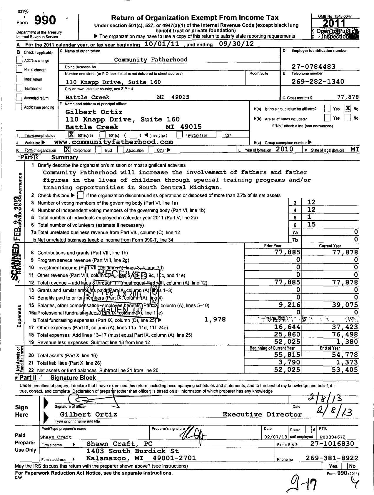 Image of first page of 2011 Form 990 for Community Fatherhood
