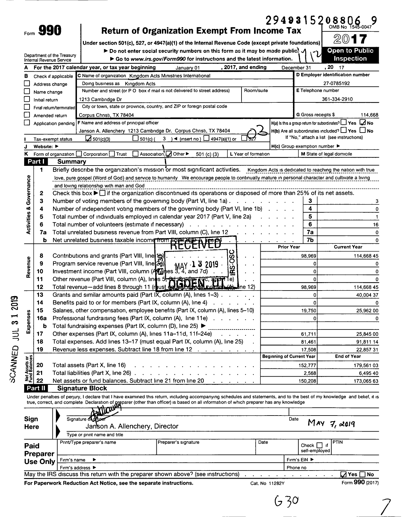 Image of first page of 2017 Form 990 for Kingdom Acts