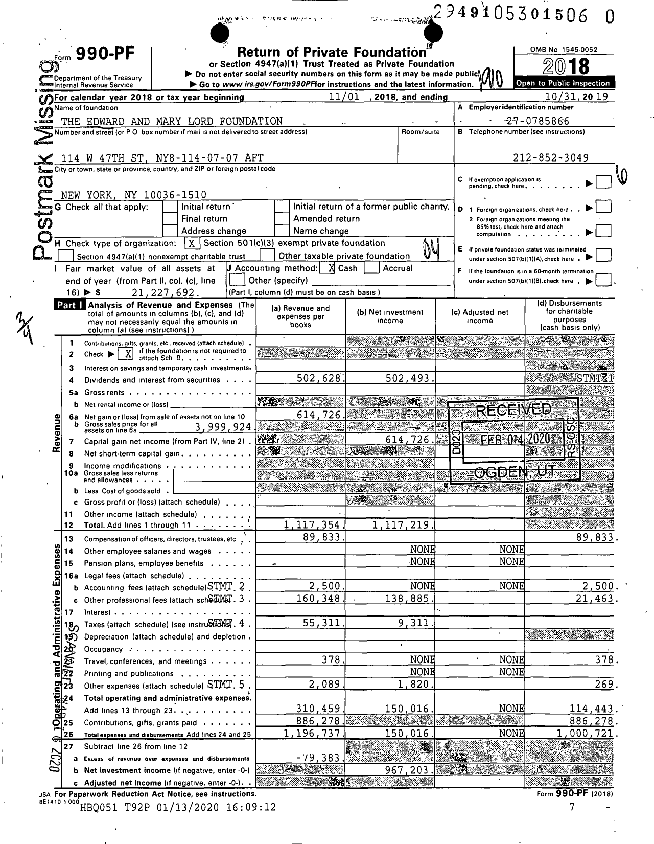 Image of first page of 2018 Form 990PR for The Edward and Mary Lord Foundation