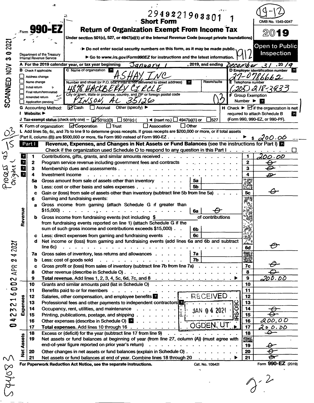 Image of first page of 2019 Form 990EZ for Ashay Shay