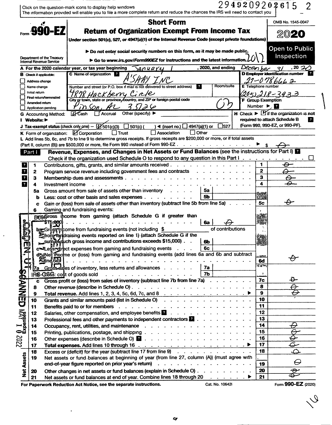 Image of first page of 2020 Form 990EZ for Ashay Shay