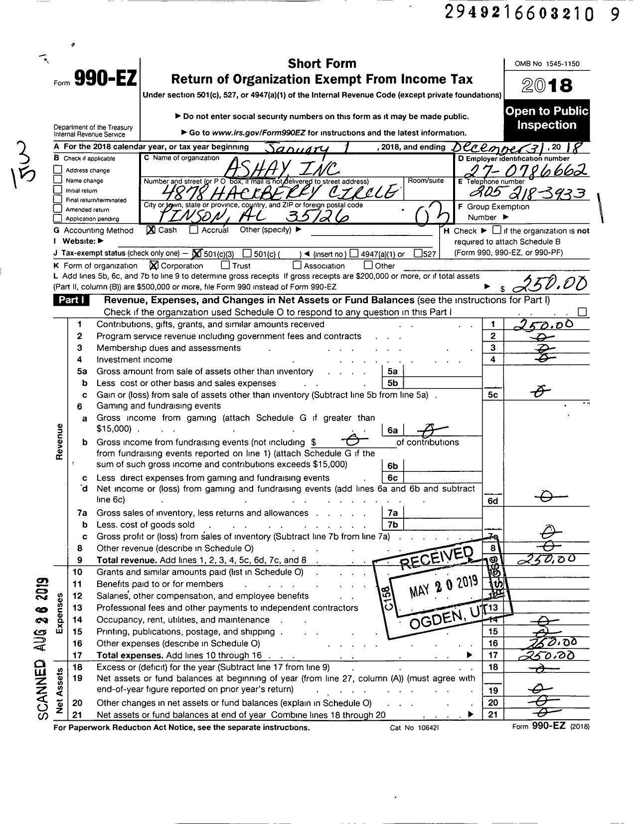 Image of first page of 2018 Form 990EZ for Ashay Shay