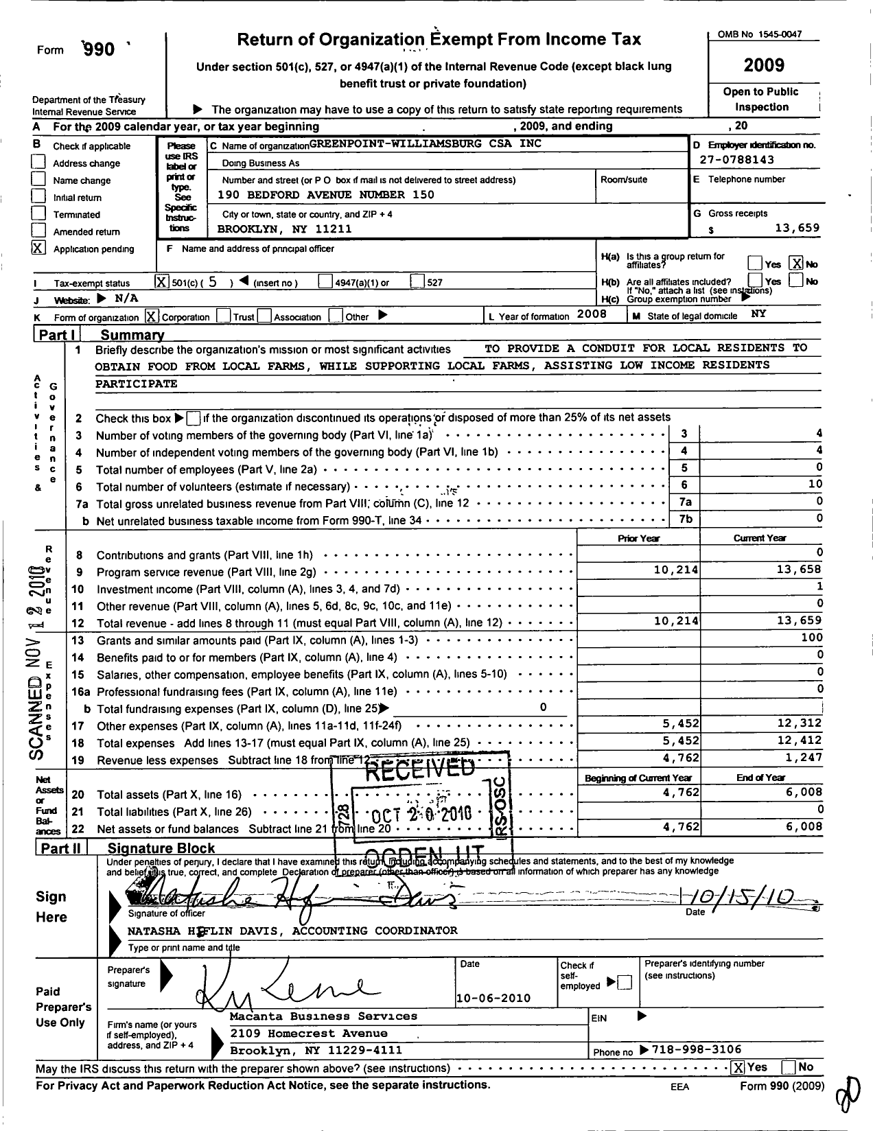 Image of first page of 2009 Form 990O for Greenpoint-Williamsburg Csa