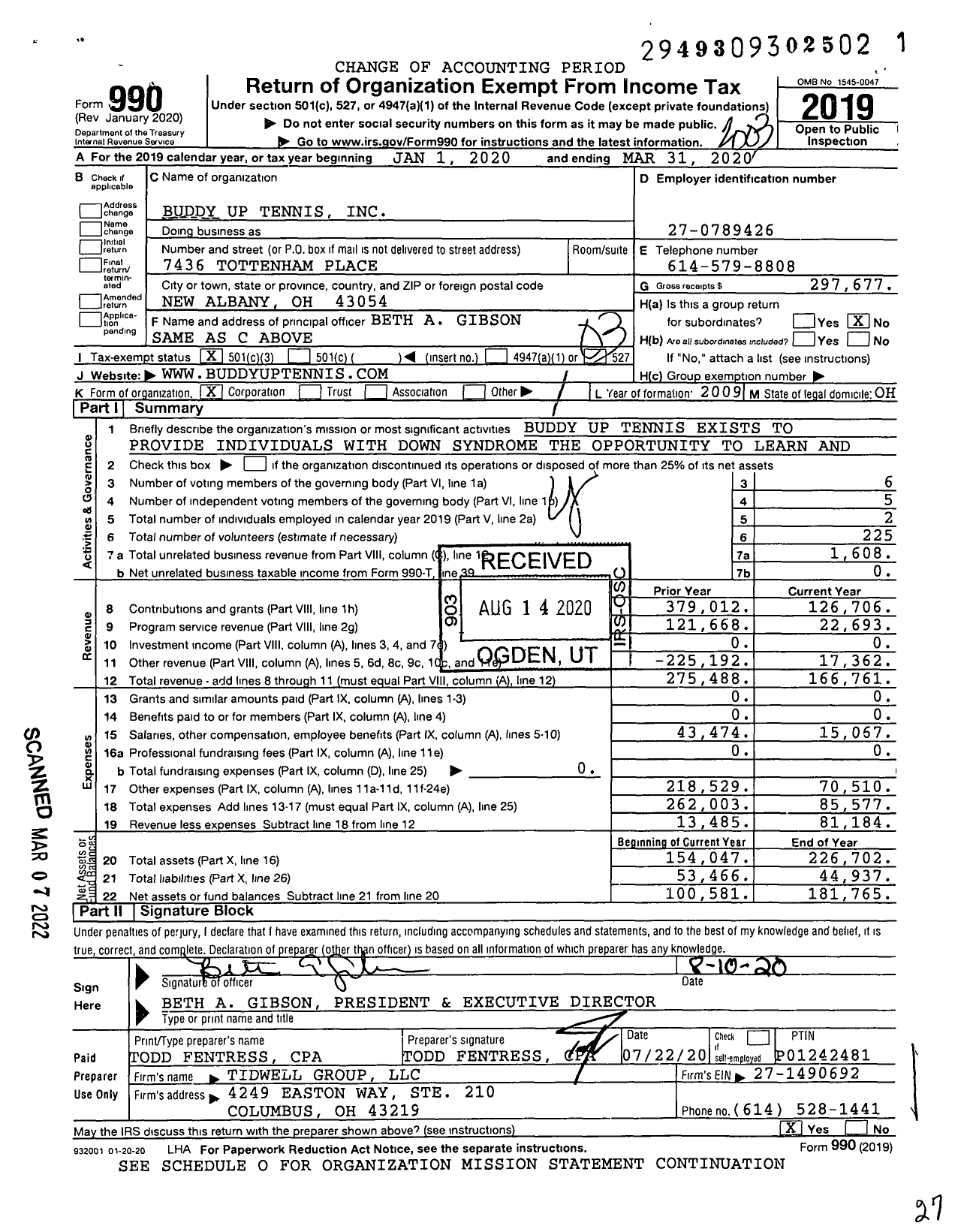 Image of first page of 2019 Form 990 for Buddy Up for Life