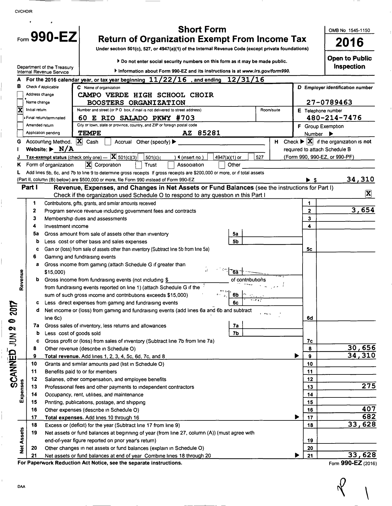 Image of first page of 2016 Form 990EZ for Campo Verde High School Choir Boosters Organization