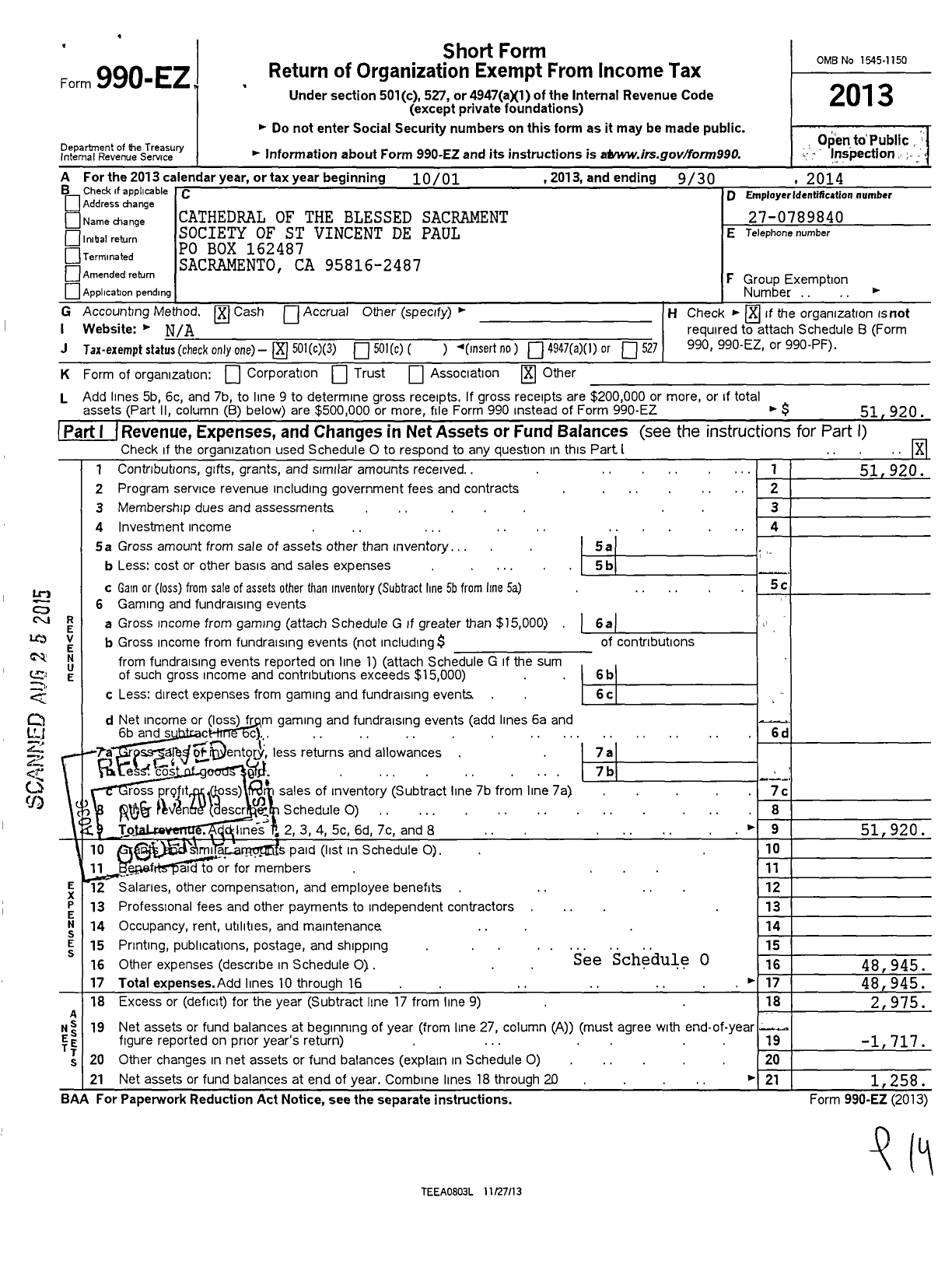 Image of first page of 2013 Form 990EZ for Cathedral of the Blessed Sacrament