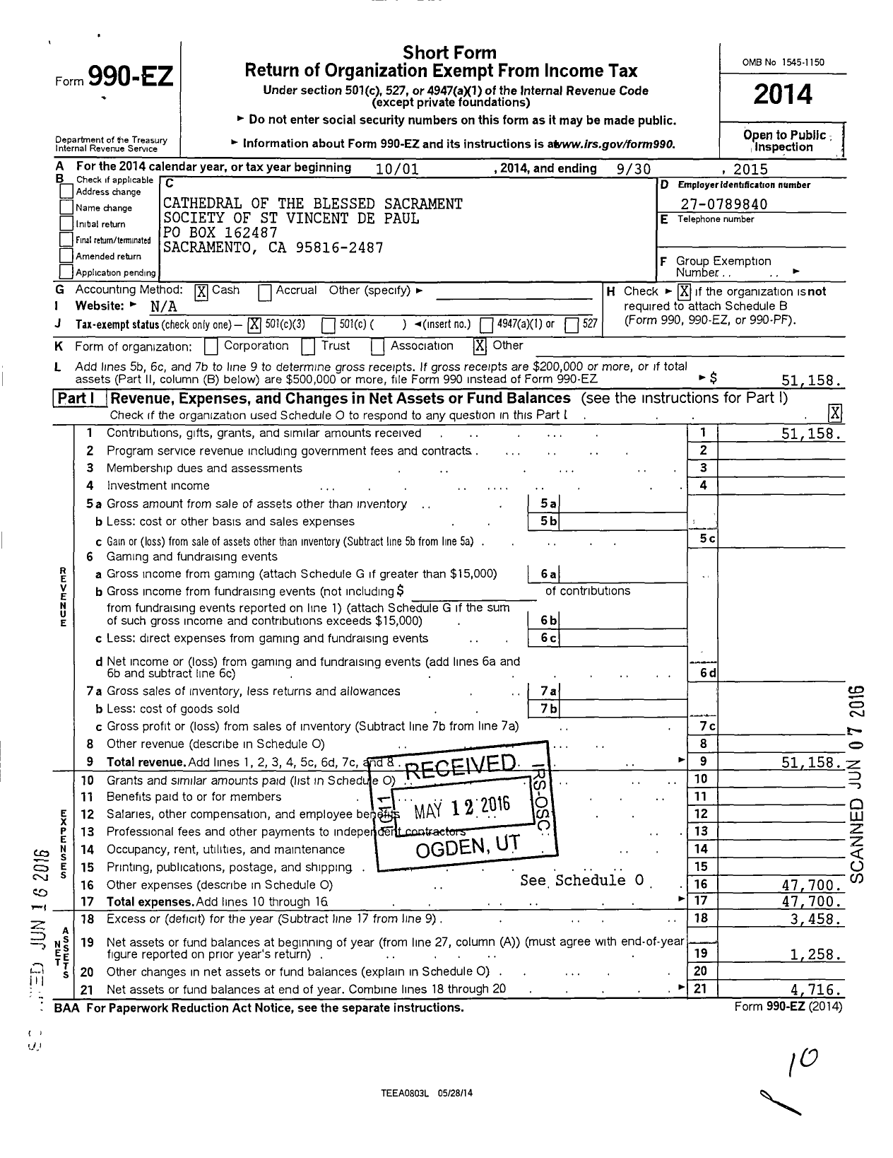 Image of first page of 2014 Form 990EZ for Cathedral of the Blessed Sacrament