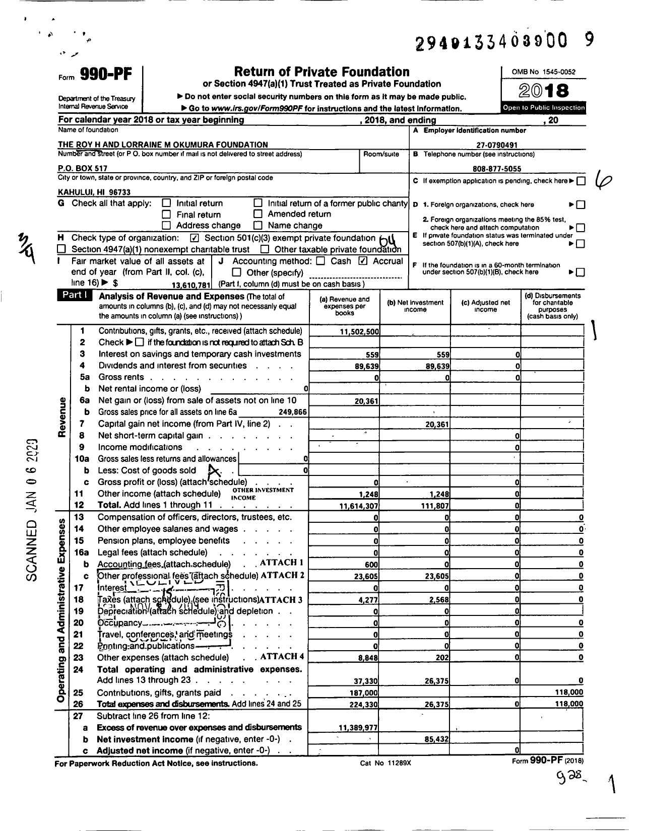 Image of first page of 2018 Form 990PF for The Roy H and Lorraine M Okumura Foundation