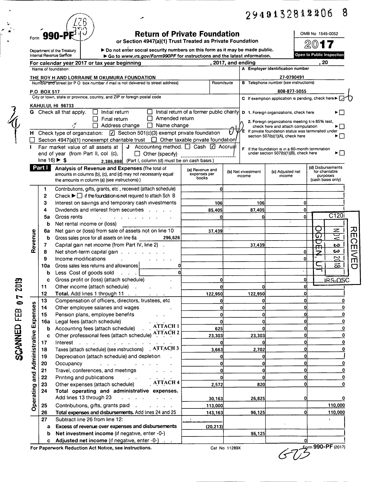 Image of first page of 2017 Form 990PF for The Roy H and Lorraine M Okumura Foundation