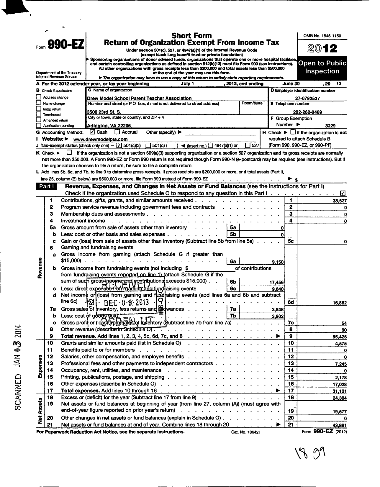 Image of first page of 2012 Form 990EZ for Virginia PTA - Drew Elementary School PTA