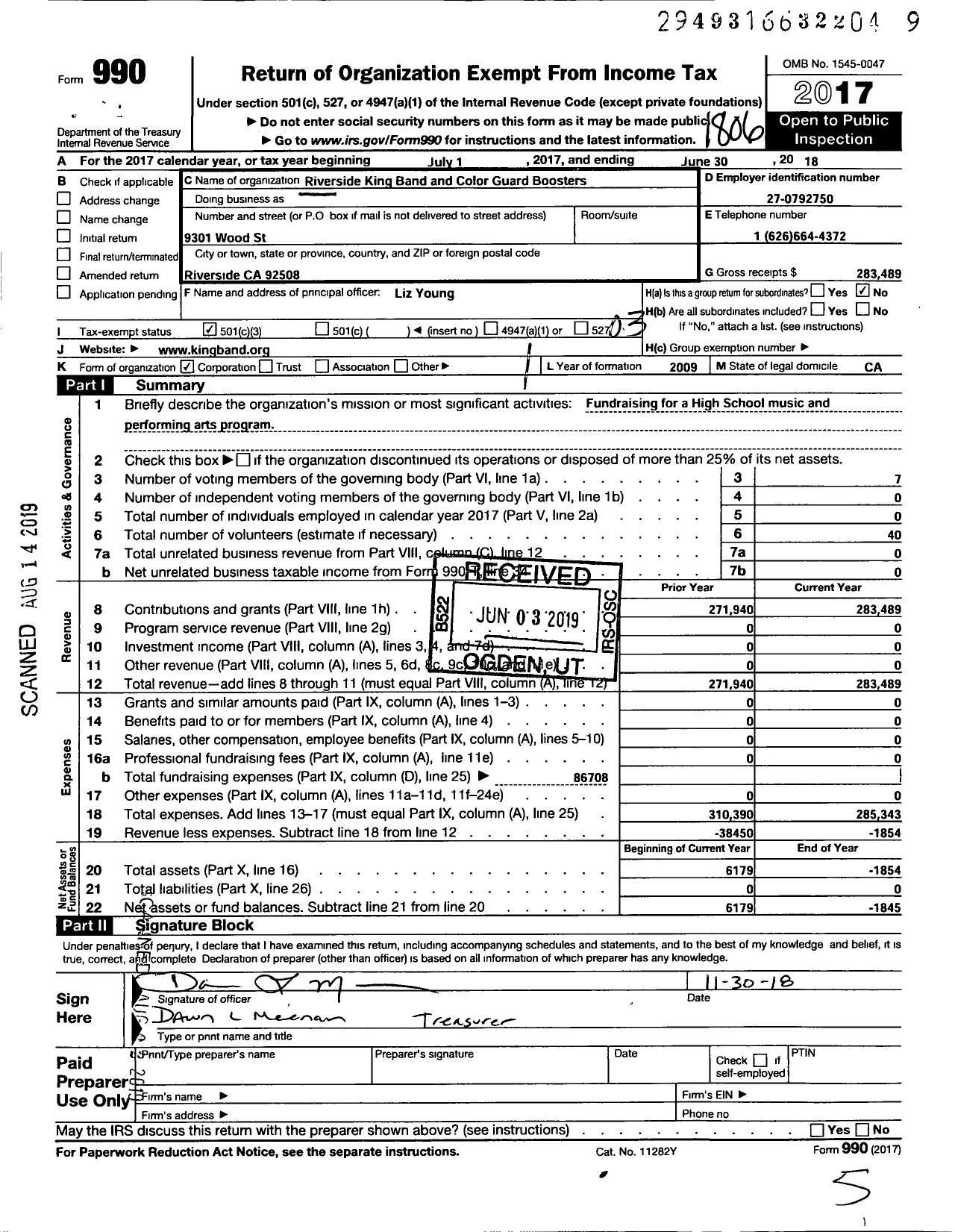 Image of first page of 2017 Form 990 for MLK Band Boosters