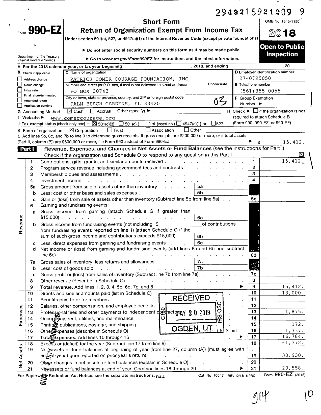 Image of first page of 2018 Form 990EZ for Patrick Comer Courage Foundation