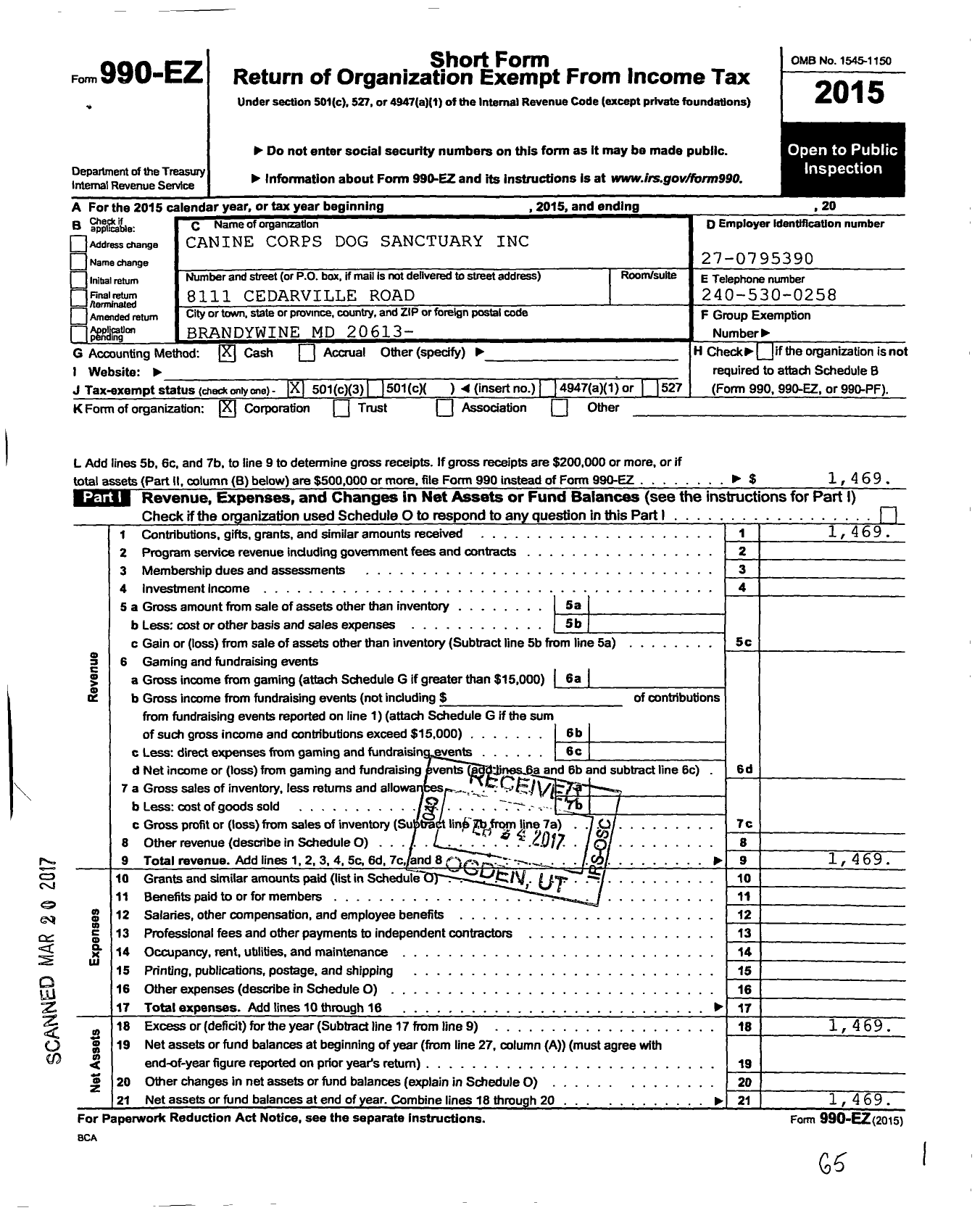 Image of first page of 2015 Form 990EZ for Canine Corp Dog Sanctuary