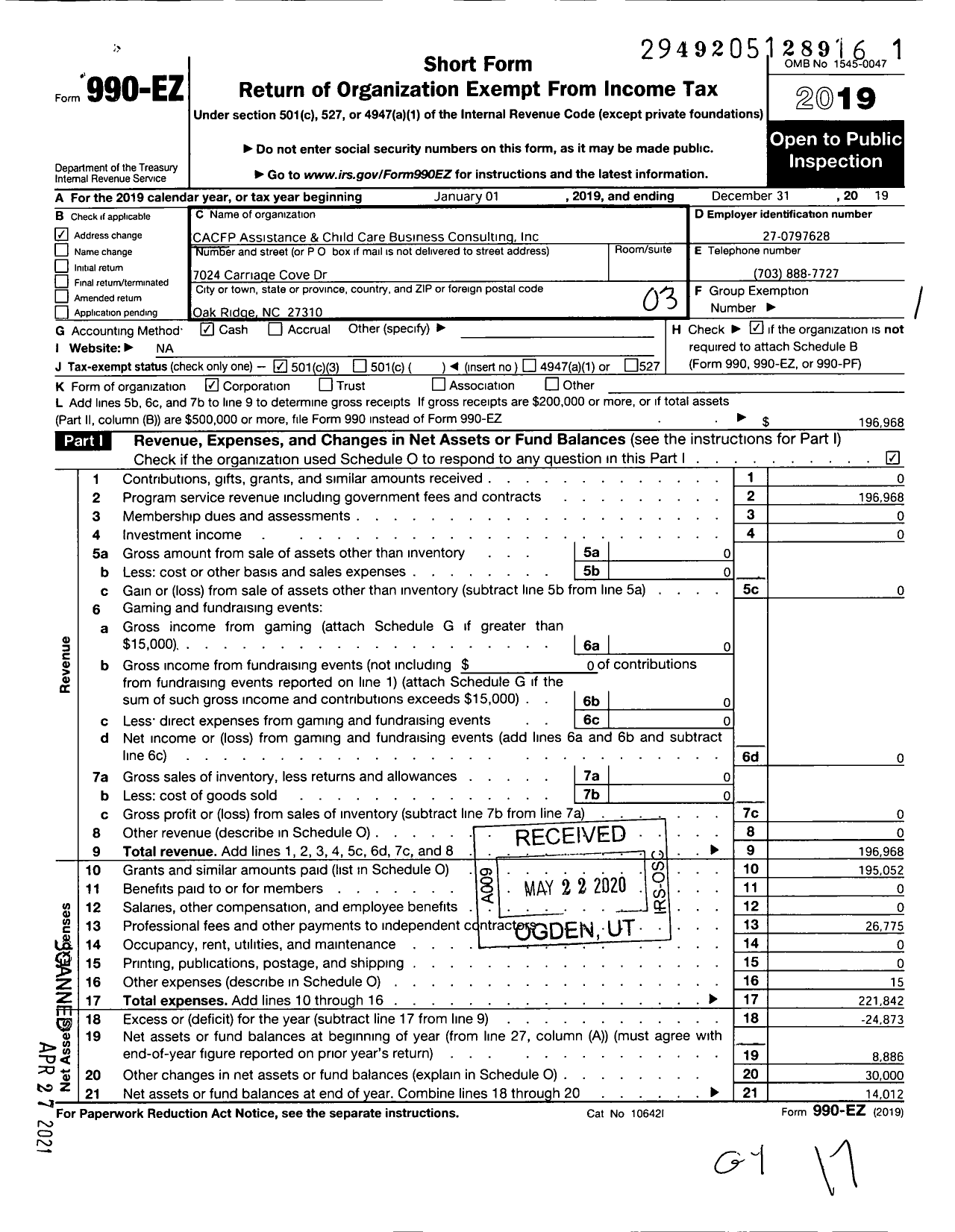 Image of first page of 2019 Form 990EZ for Cacfp Assistance and Childcare Business Consulting