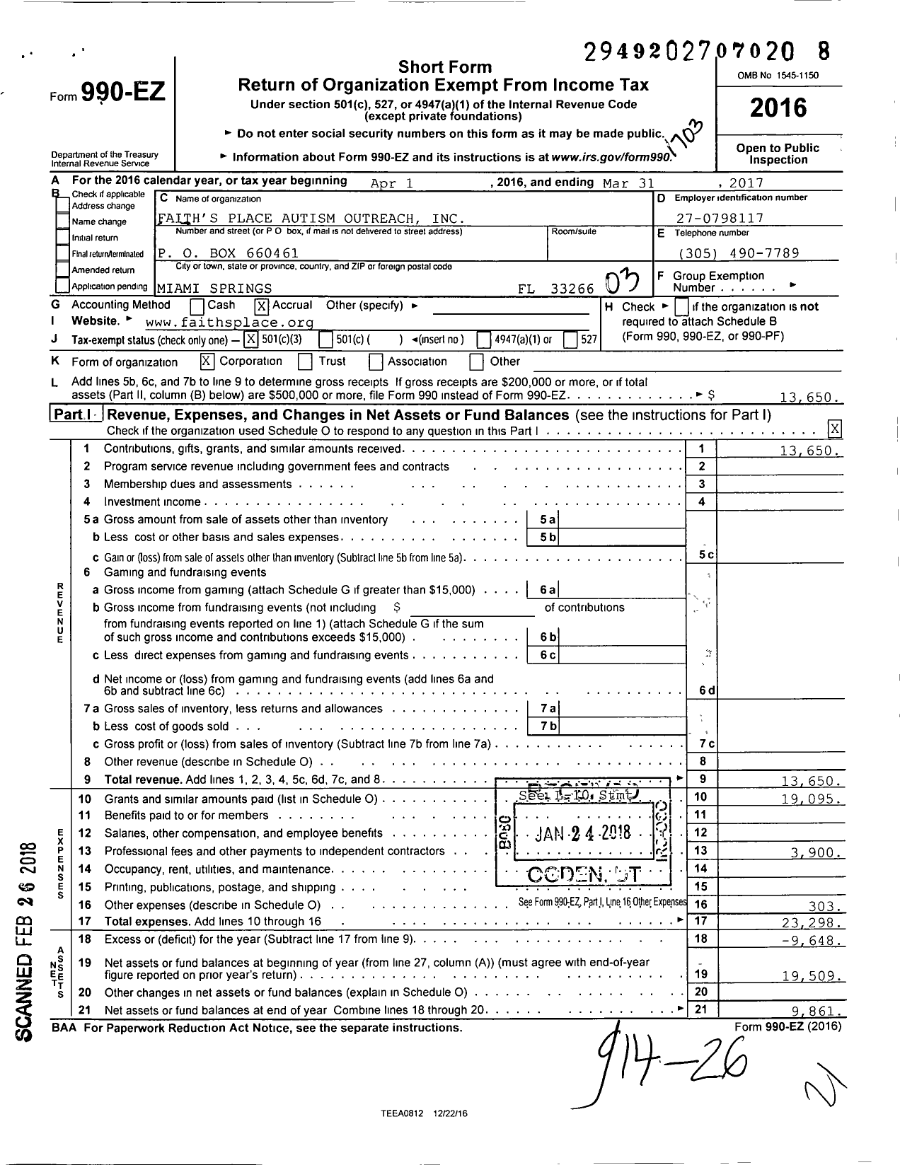 Image of first page of 2016 Form 990EZ for Faith's Place Autism Outreach