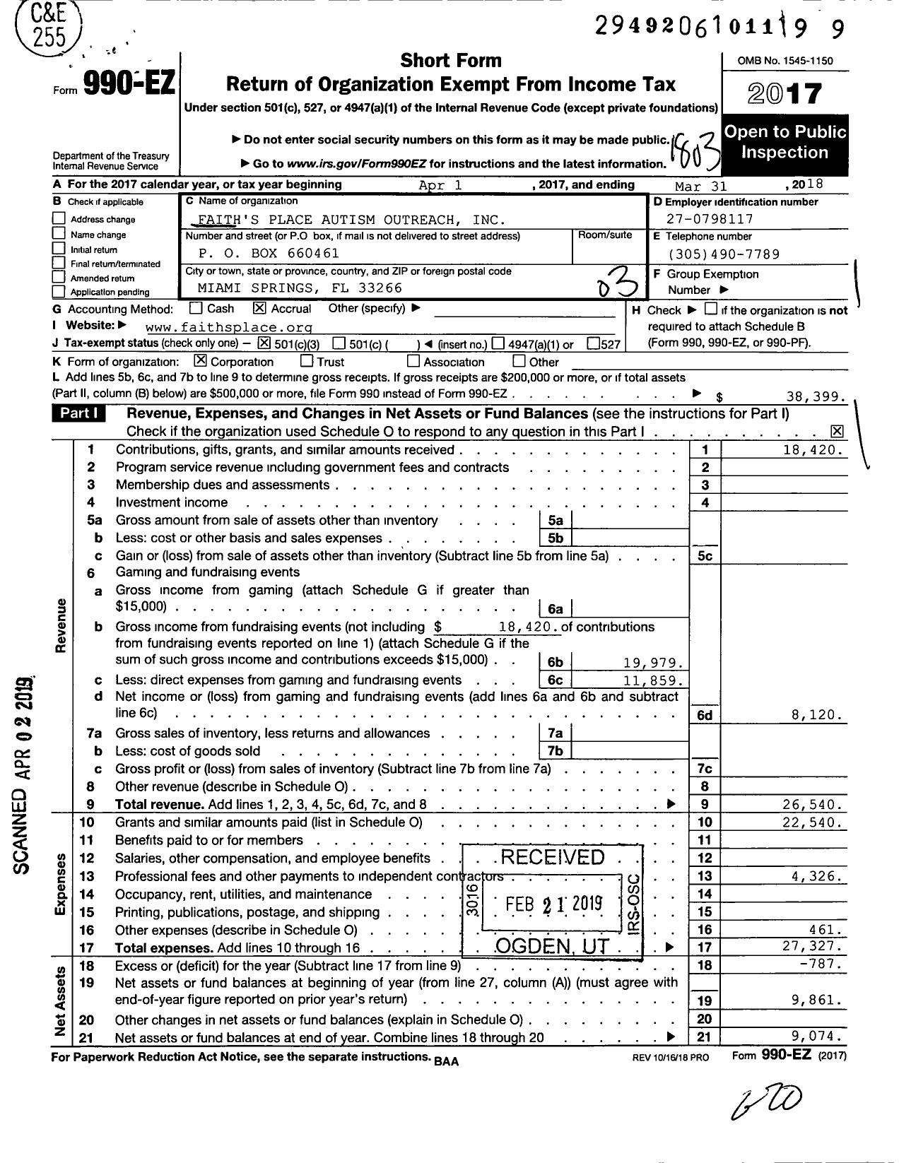 Image of first page of 2017 Form 990EZ for Faith's Place Autism Outreach