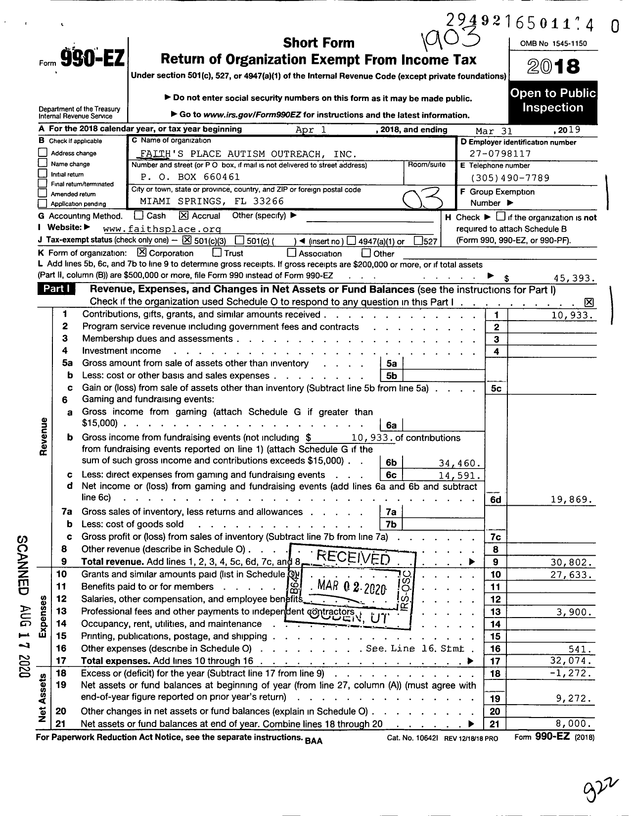 Image of first page of 2018 Form 990EZ for Faith's Place Autism Outreach