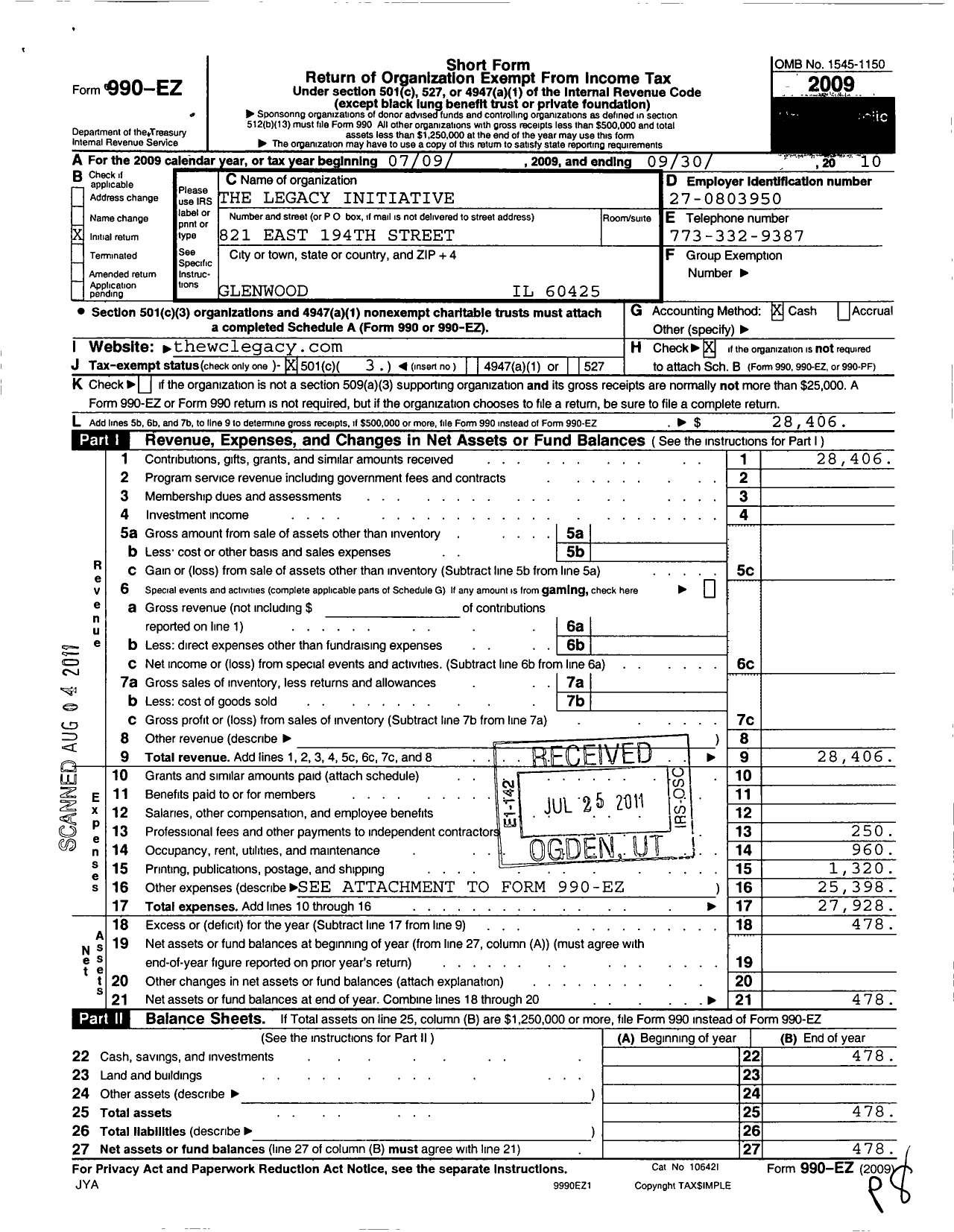 Image of first page of 2009 Form 990EZ for Legacy Initiative