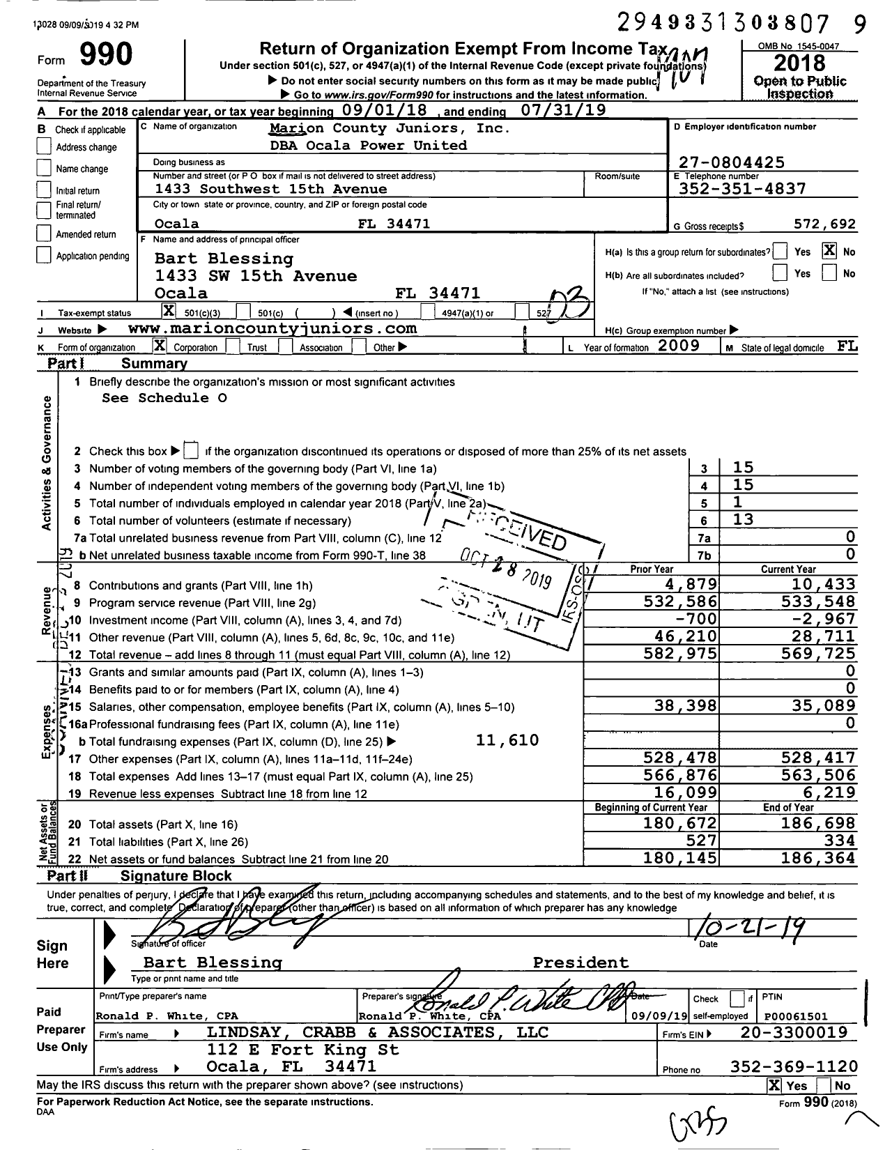 Image of first page of 2018 Form 990 for Ocala Power United