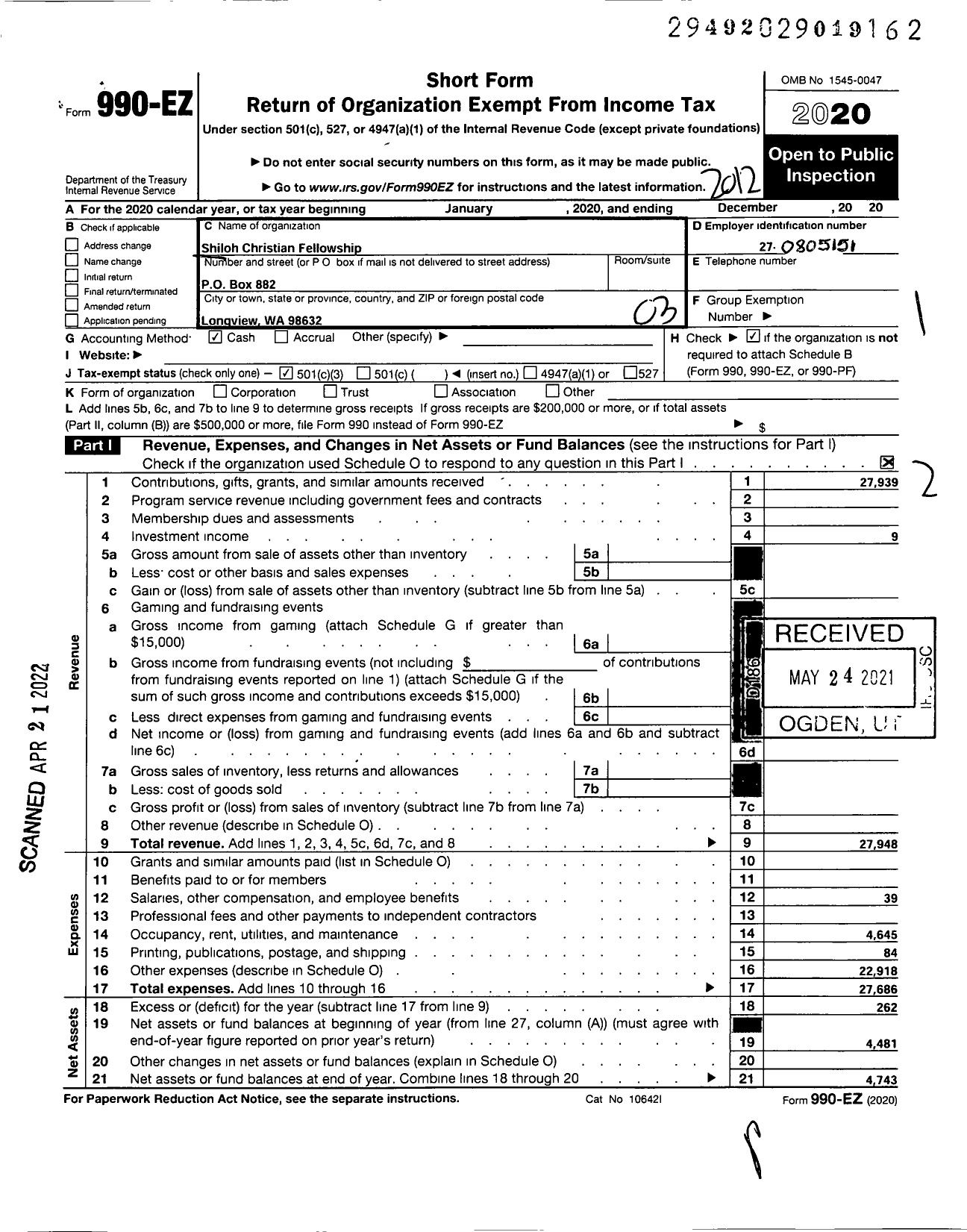 Image of first page of 2020 Form 990EZ for Shiloh Christian Fellowship