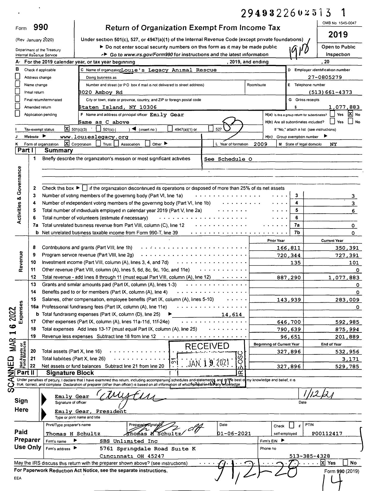 Image of first page of 2019 Form 990 for Louies Legacy Animal Rescue